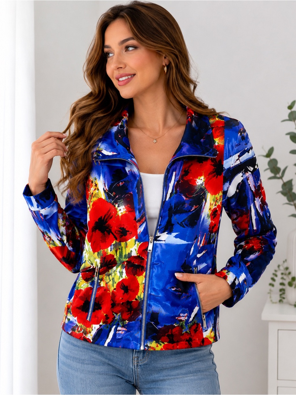 Erin London Colorful  Floral Artsy Blazer Zip  Jacket  Sz S